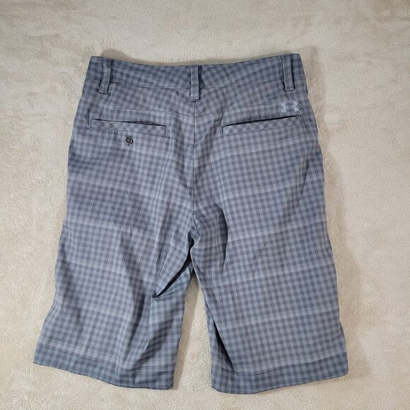 MEN Under Armour Logo Gingham Gray Check Golf Polyester Shorts Stretchy Sz 32 - Picture 10 of 12